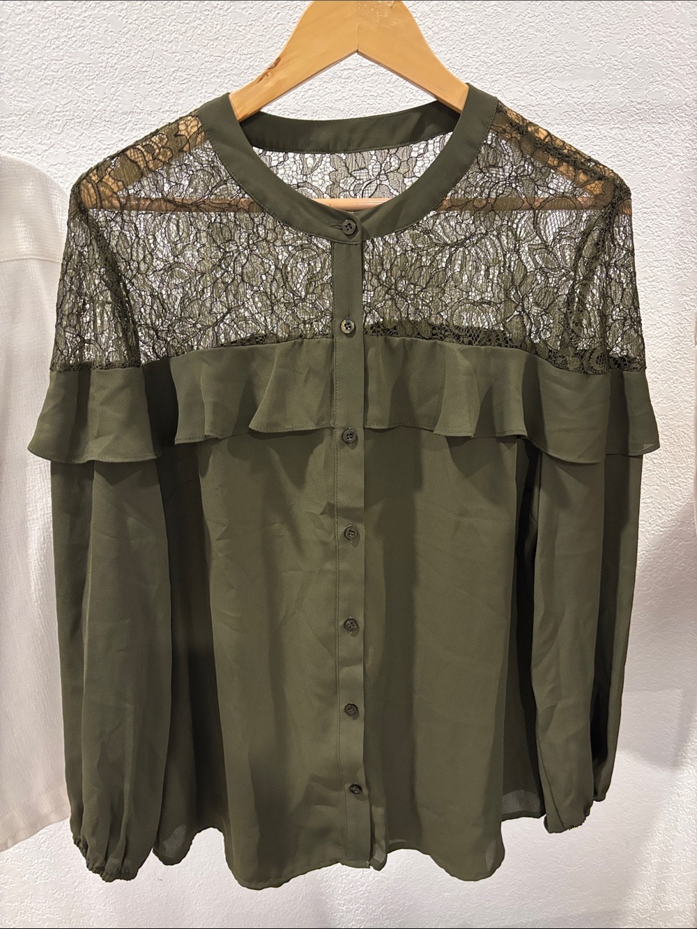Olive Lace Yoke Ruffle Button-Front Blouse